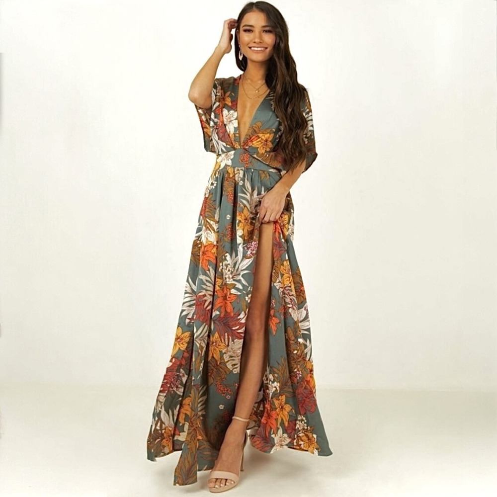 Showpo Vacay Ready Maxi Dress Size 14 Floral Plunge Neckline Thigh High Slit - Picture 2 of 15